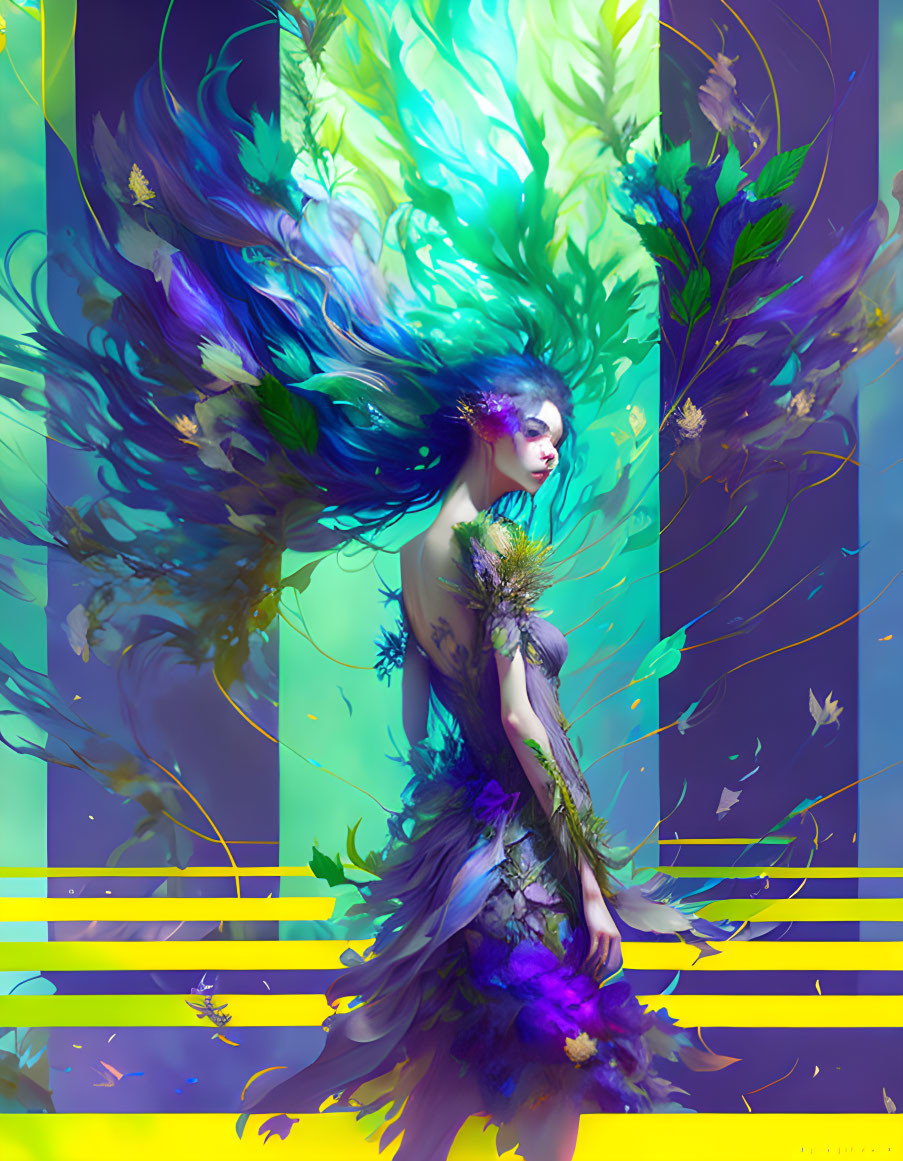 Surreal illustration of woman with flowing hair and vibrant feather dress