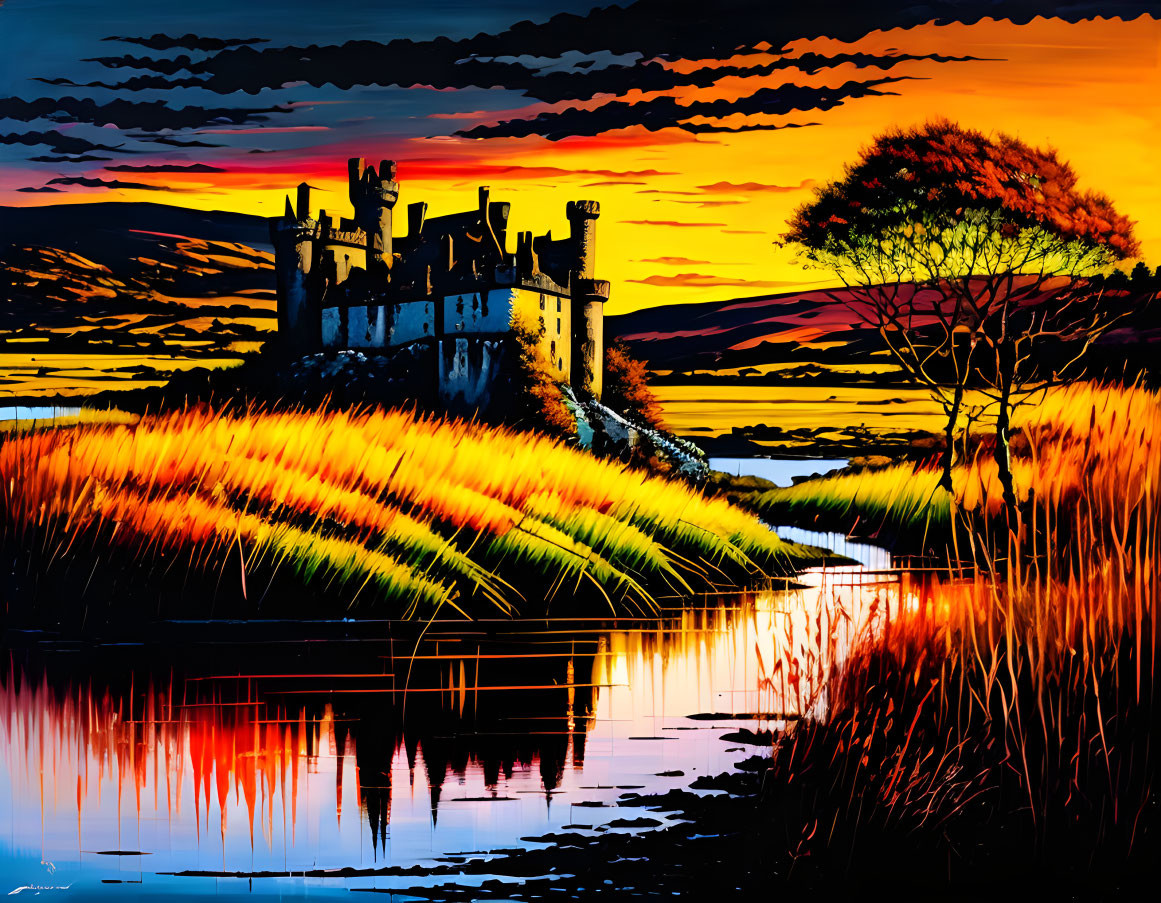 Colorful Sunset Castle Artwork with Reflective Water