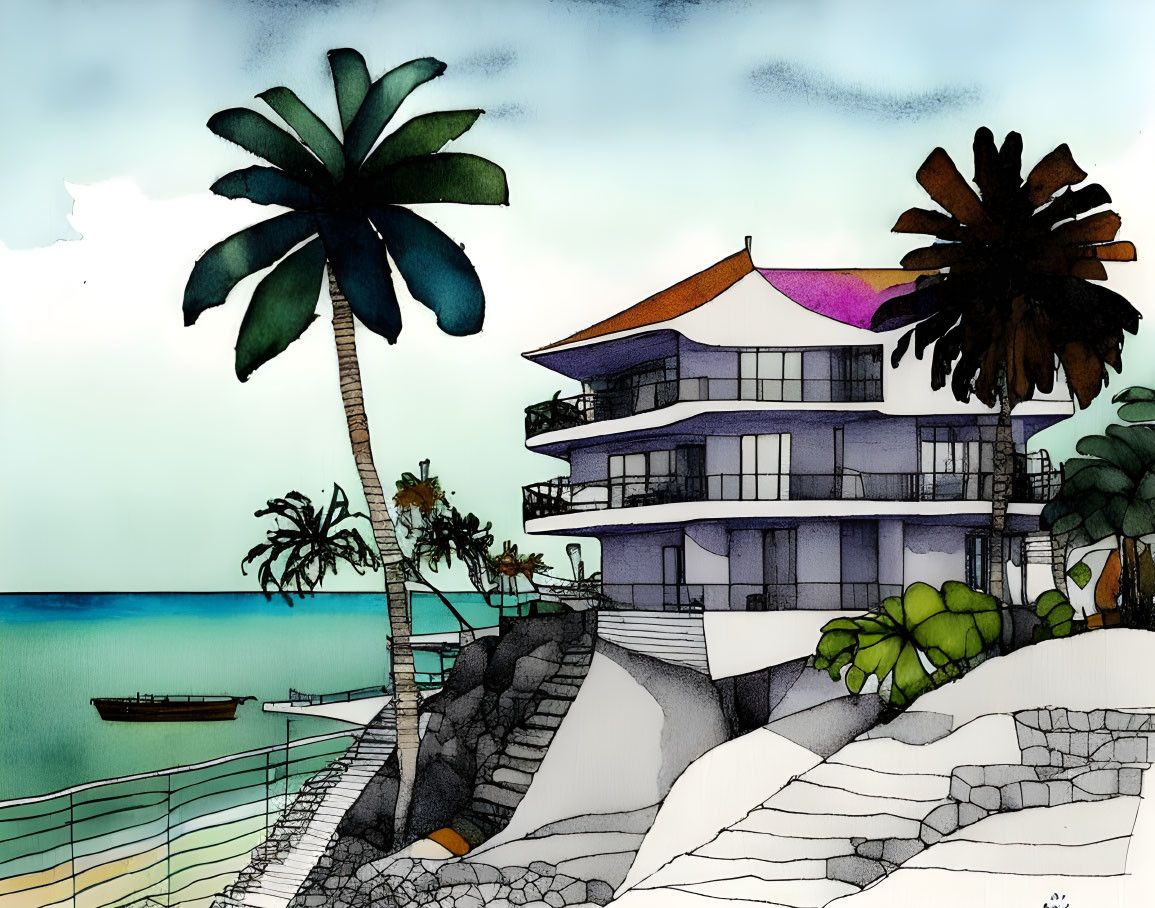 Coastal Scene Watercolor Illustration with Modern Building and Palm Trees