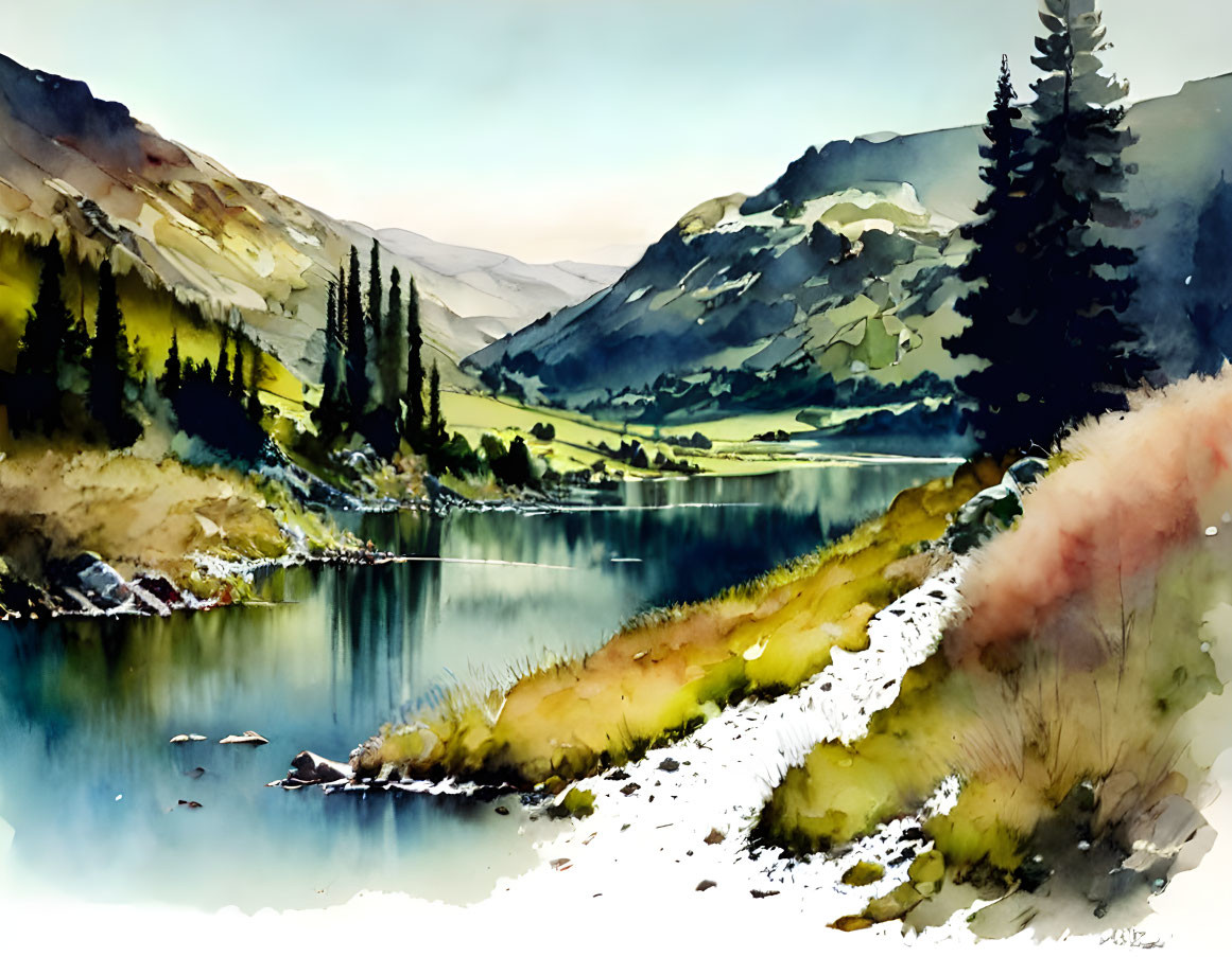 Scenic watercolor landscape of serene lake and green hills