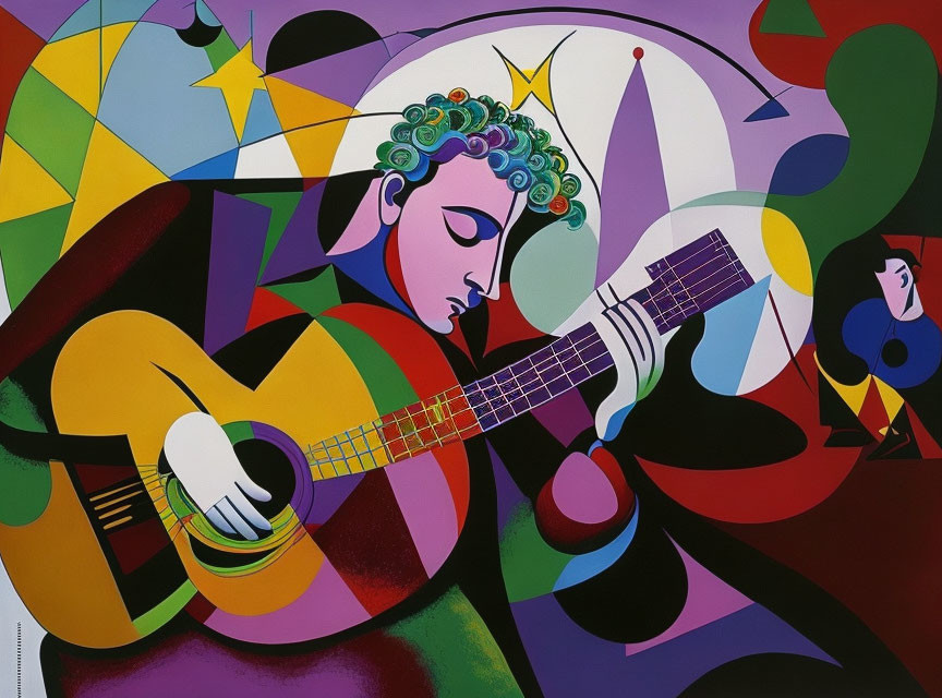 Colorful Cubist Painting of Figure Playing Guitar