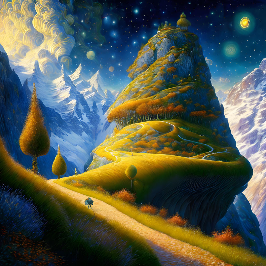 Fantastical landscape with vibrant moss-covered mountain under starry sky