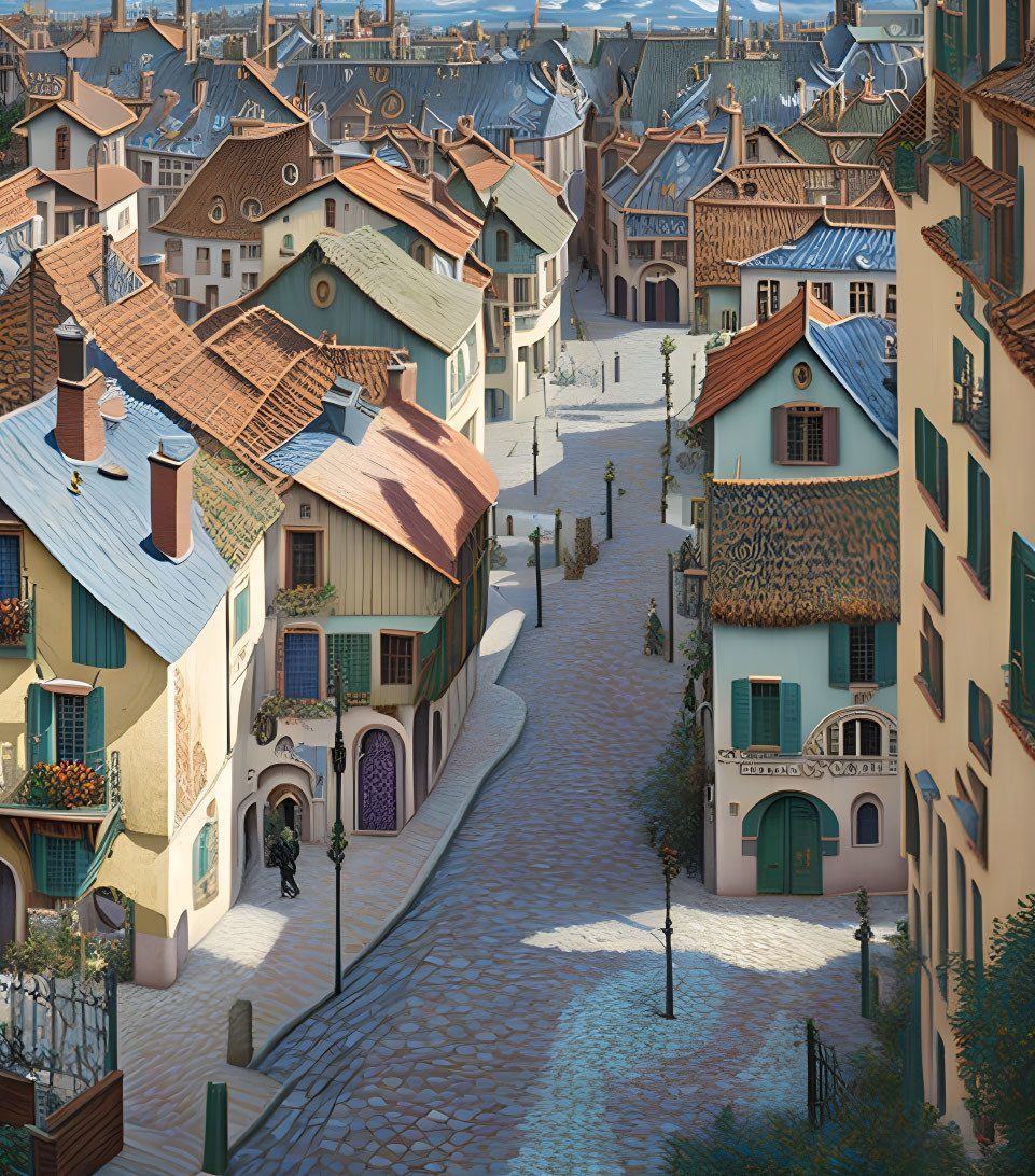 Sunlit Cobblestone Street in Quaint European Village with Colorful Houses