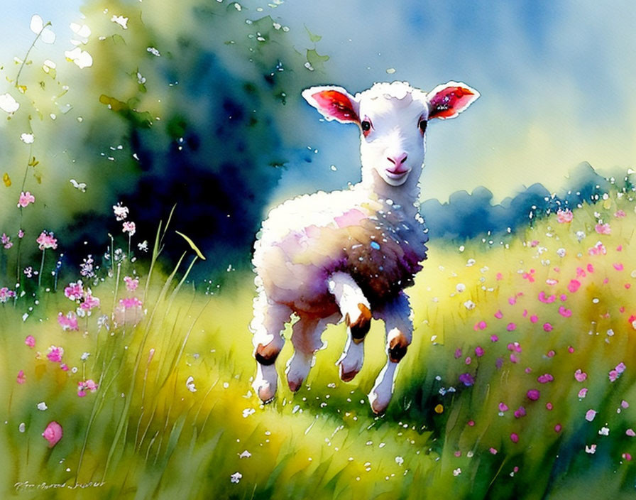 Young lamb in sunny meadow with pink flowers: Watercolor painting