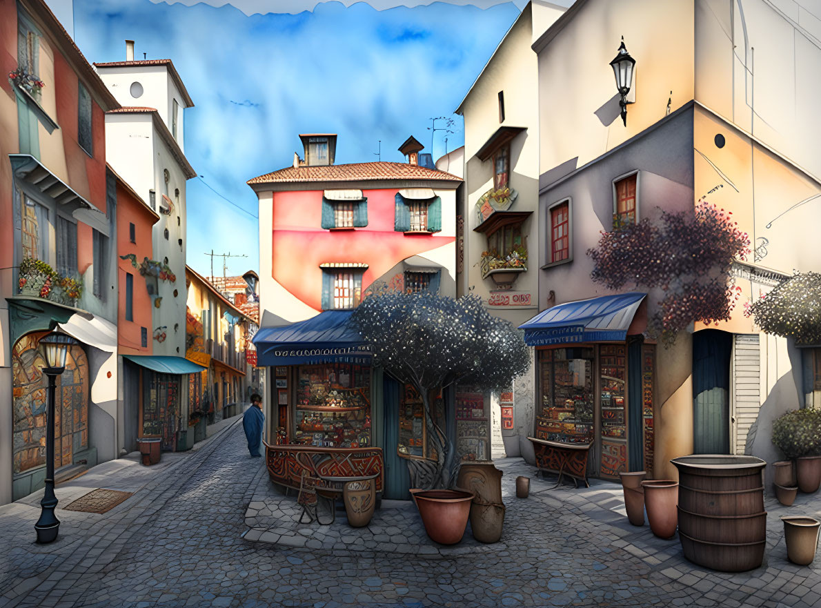 Colorful European-style buildings on vibrant street with shops and pedestrian under clear blue skies