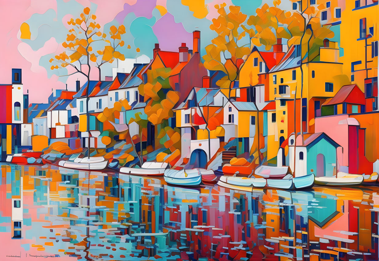 Vibrant painting of riverside village with autumn trees and colorful houses