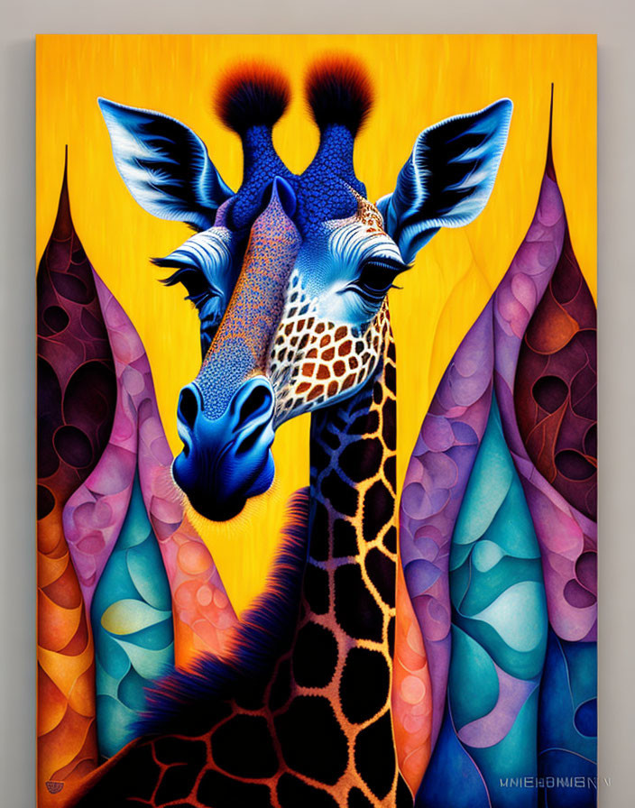 Vibrant giraffe painting on yellow background with leaf patterns