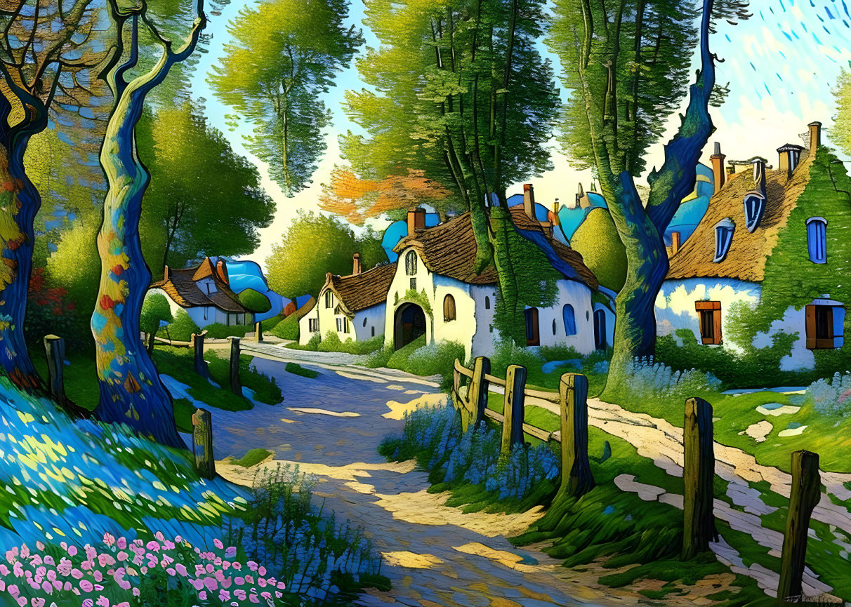 Stylized image: Quaint village, thatched-roof cottages, lush green trees,