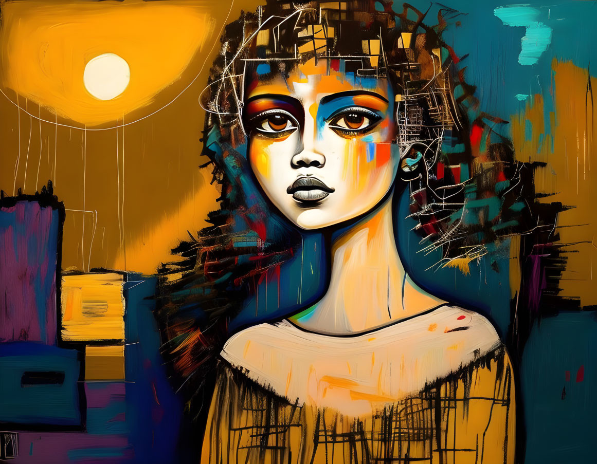 Colorful abstract painting: woman with blue eyes, geometric patterns, urban backdrop.