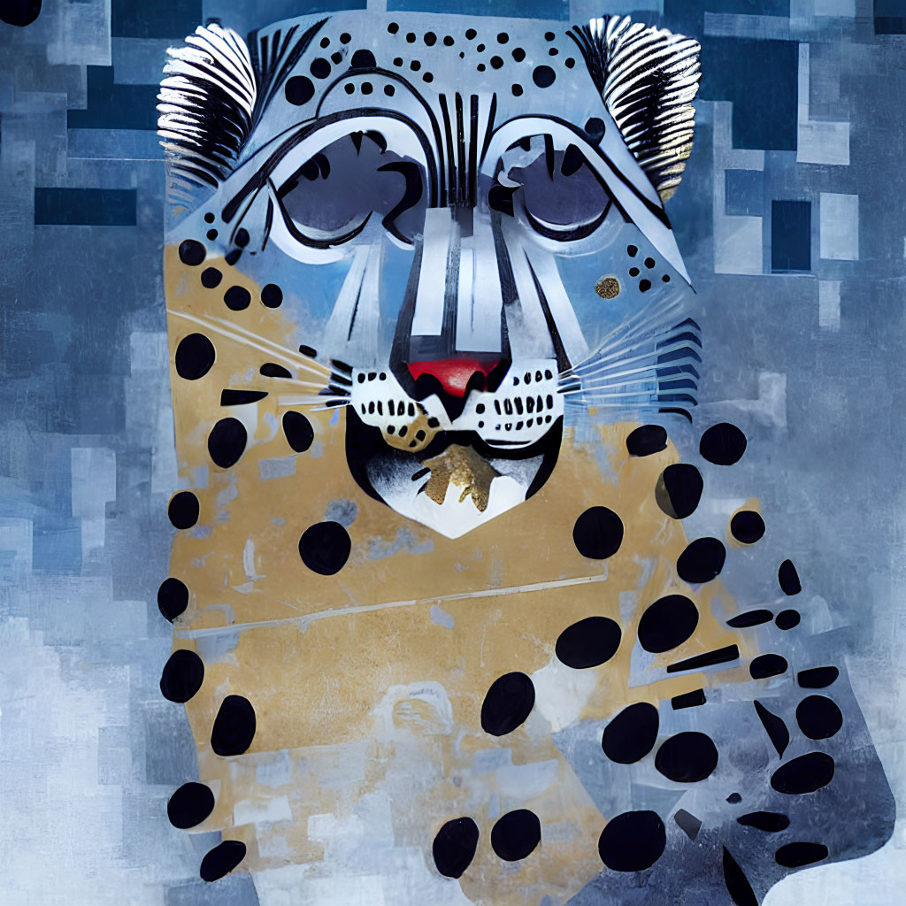Abstract Leopard Face Painting with Geometric & Organic Elements on Blue Background