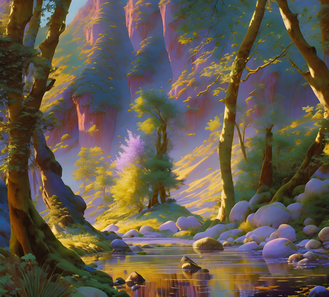 Serene forest landscape with towering trees, gentle stream, sunbeams, and scattered rocks.