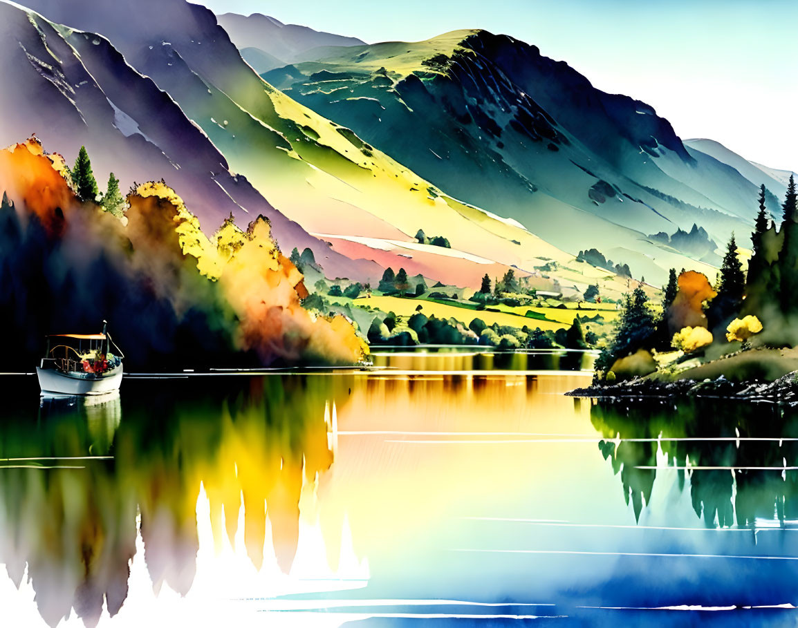 Serene landscape watercolor painting with boat on reflective lake