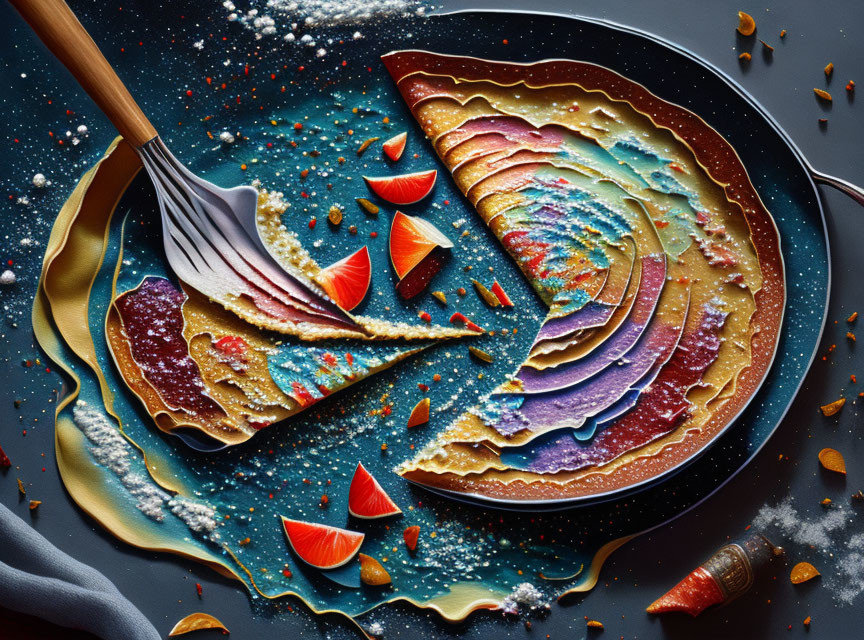 Colorful Fruit and Almond Pancake with Powdered Sugar on Dark Plate