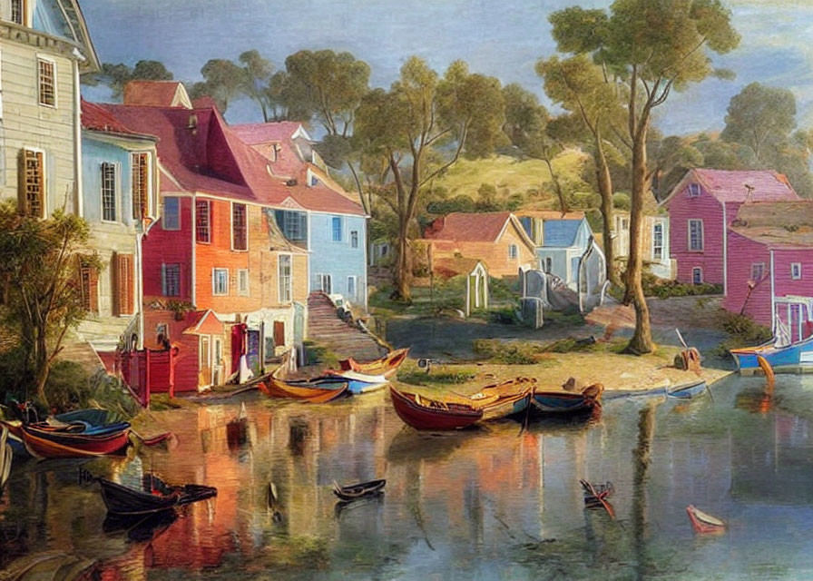 Colorful houses and boats by tranquil riverside with lush trees and clear sky.