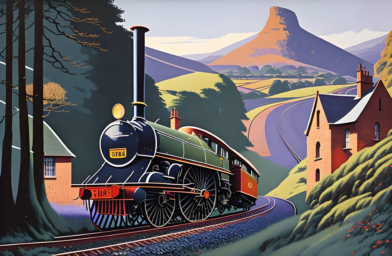 Vintage steam locomotive illustration near house and mountains