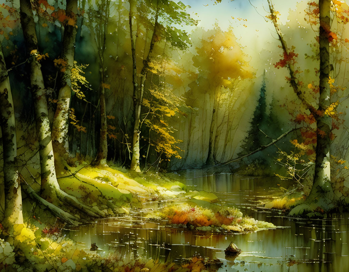 Tranquil forest scene with autumn leaves by calm river