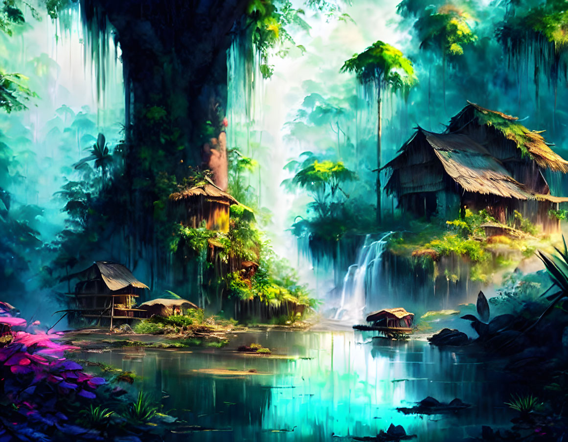 Tropical jungle with cliff huts, waterfalls, lake, lush vegetation, mist