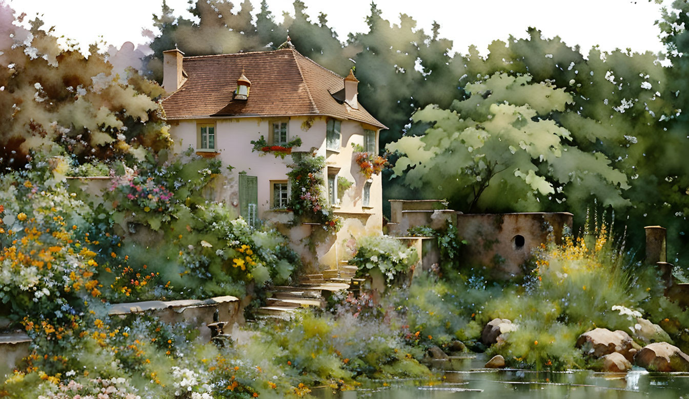 Tranquil watercolor: charming house, lush gardens, serene pond