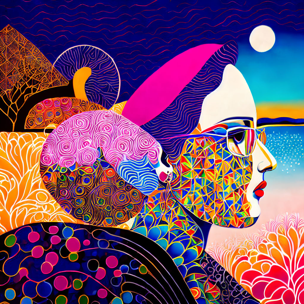 Colorful Woman's Profile Illustration Against Moonlit Landscape