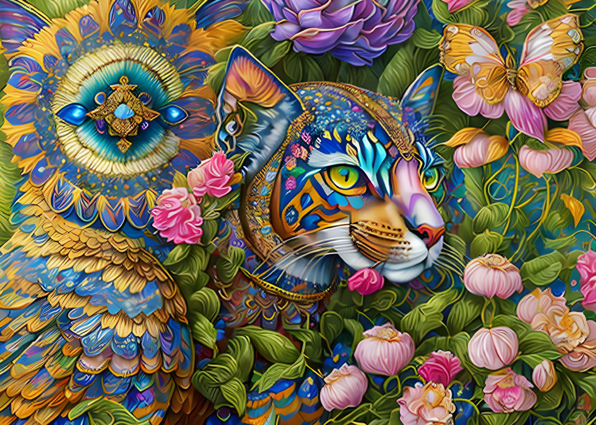 Colorful Surrealist Feline Art with Floral and Peacock Motifs