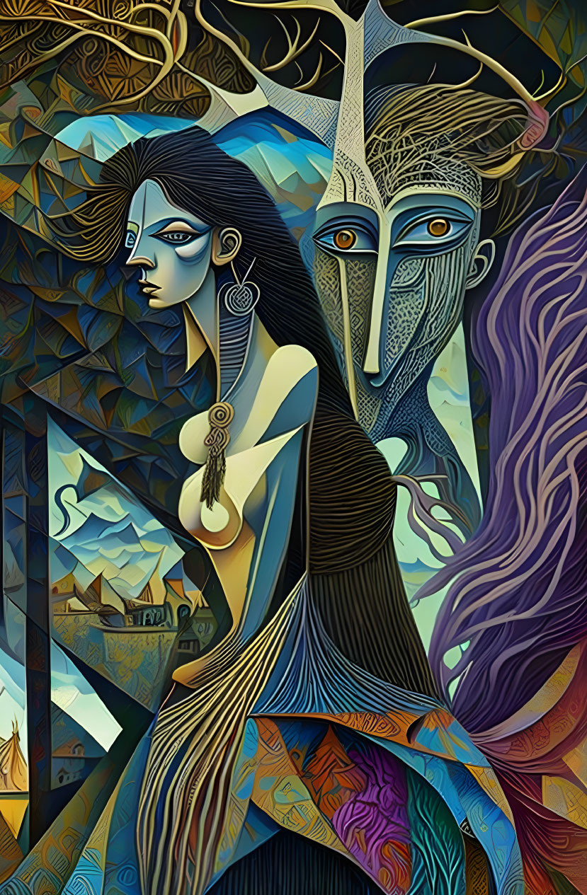 Colorful surreal artwork of a woman with blue skin and elongated figures.