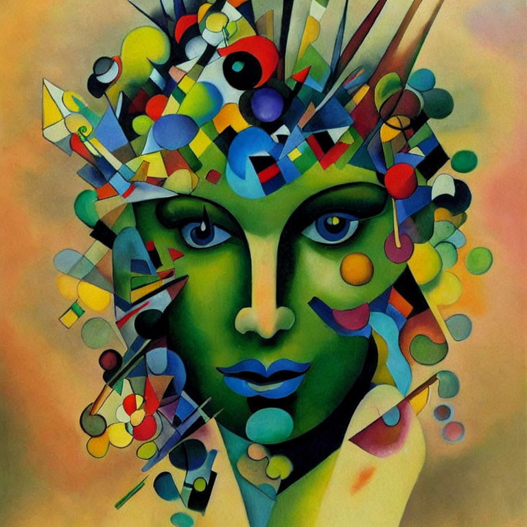 Abstract portrait with geometric shapes and vibrant hues of a stylized face.