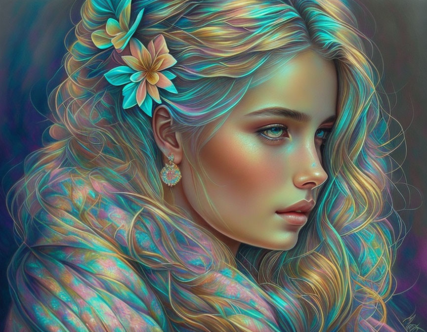 Iridescent woman with wavy hair and flower detail.