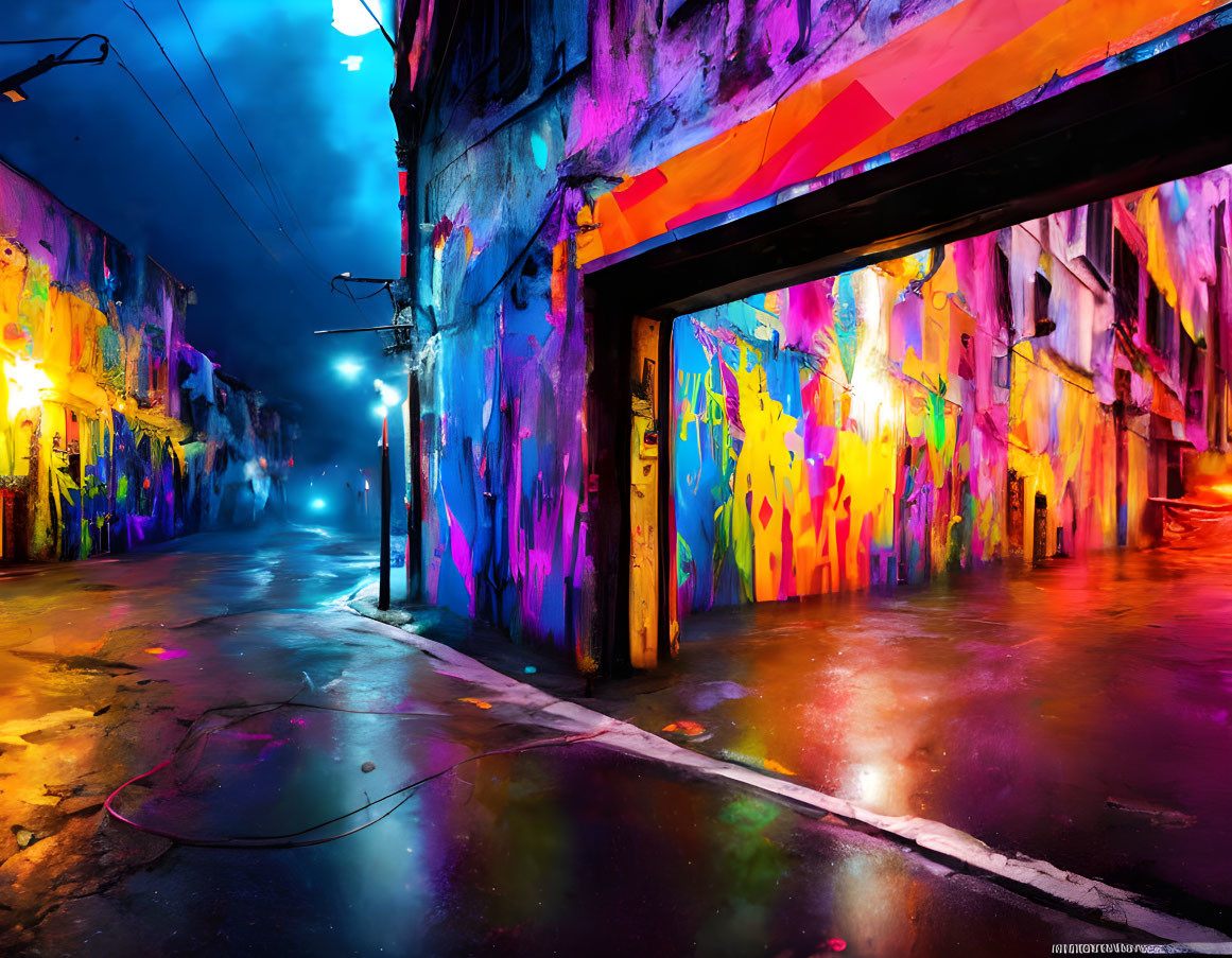 Colorful graffiti-covered urban alley at night with blue street lights reflecting on wet pavement