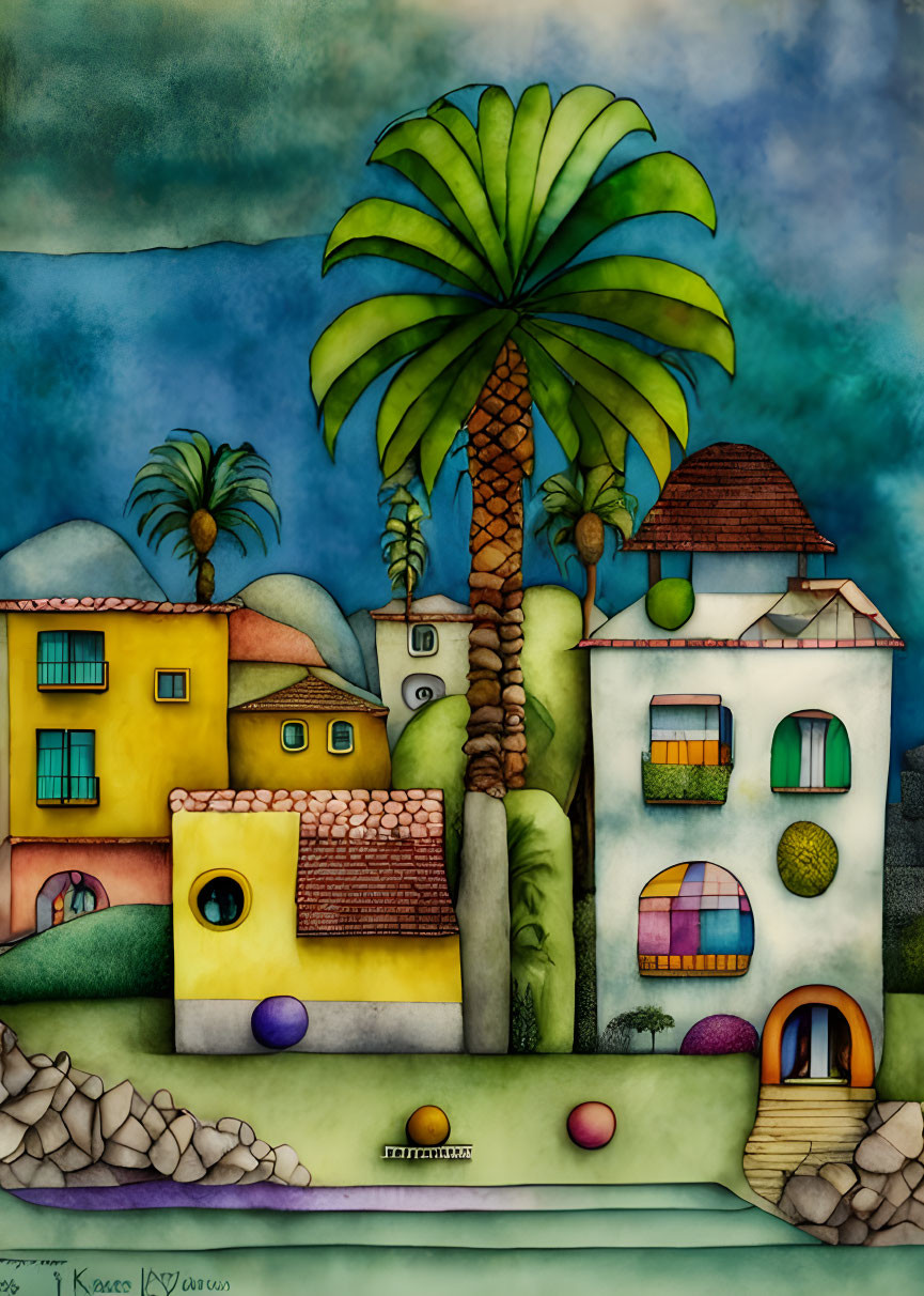 Colorful Stylized Village Painting with Palm Tree & Green Sky