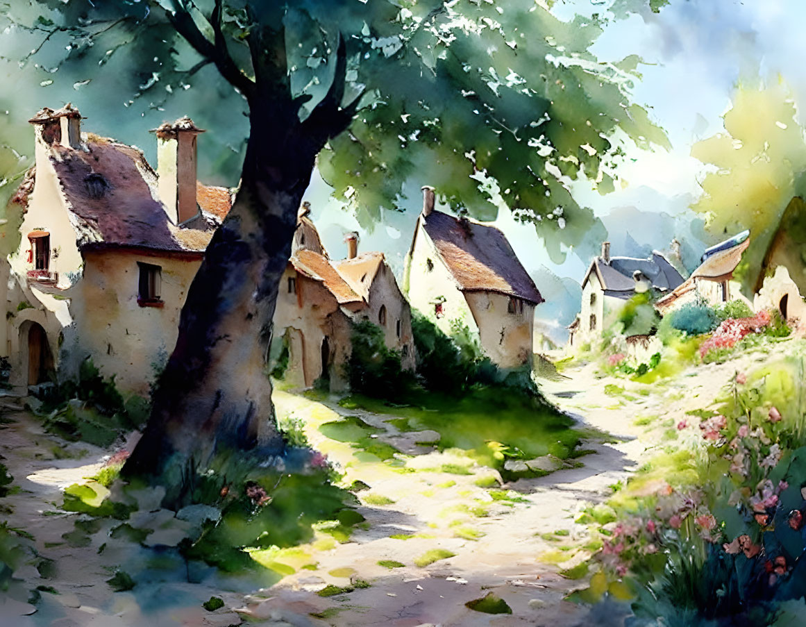 Charming village scene with thatched cottages, blossoming tree, and cobblestone path