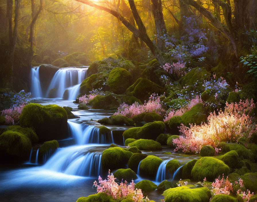 Tranquil stream with waterfalls, moss-covered rocks, pink flowers, and sunlight