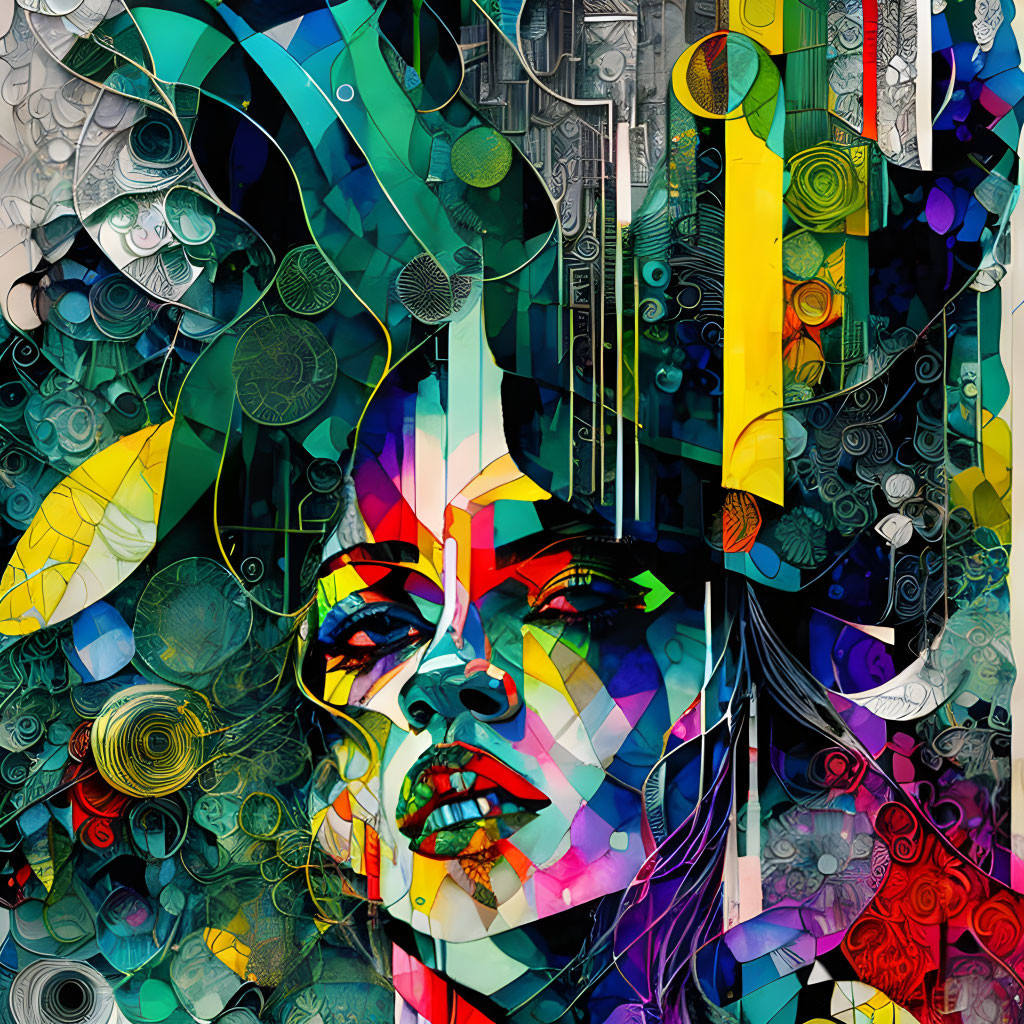 Vibrant abstract portrait of a woman with geometric and organic patterns