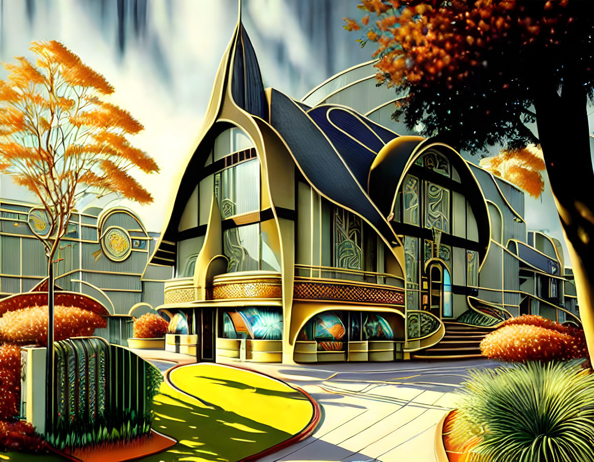 Vibrant retro-futuristic architectural environment illustration