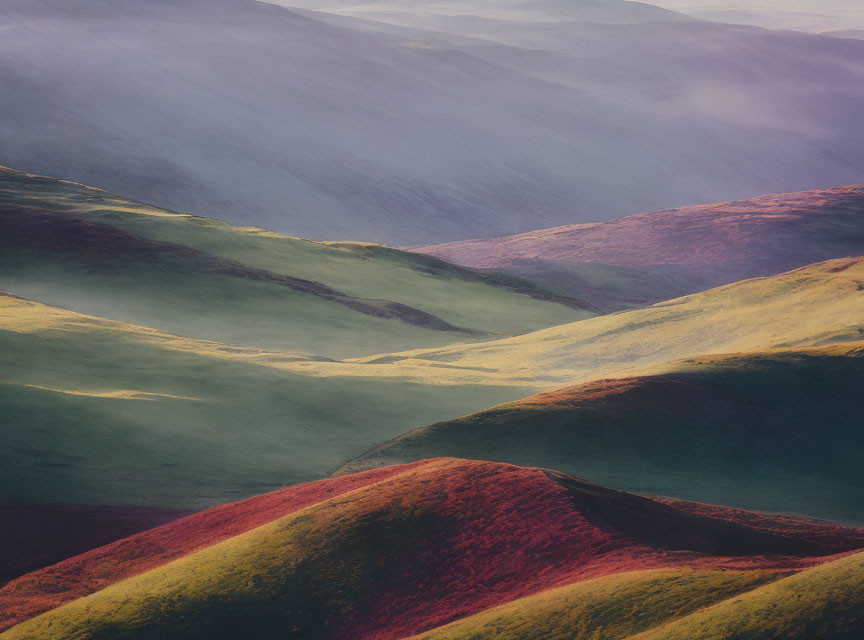 Serene landscape of rolling hills with green and red hues