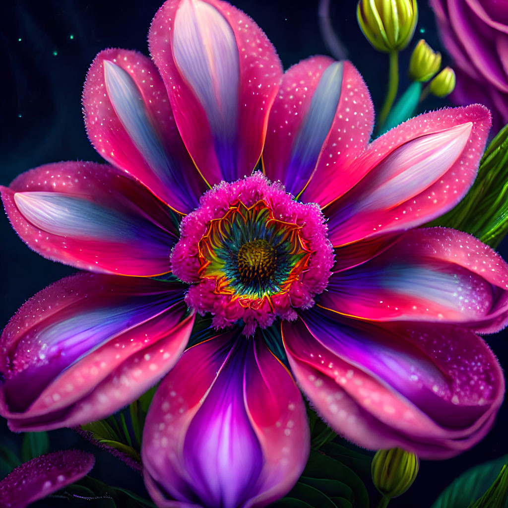 Colorful dew-covered flower illustration on dark background