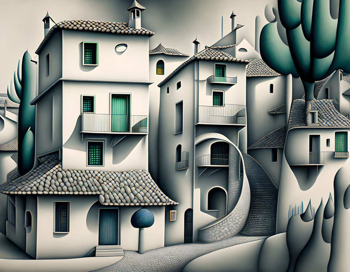 Surreal village artwork with curved architecture and wavy trees