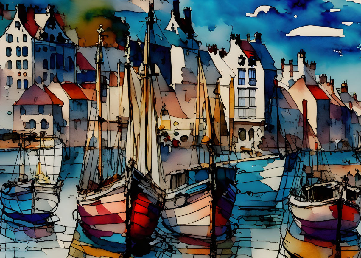 Vibrant watercolor: harbor scene with boats, European buildings, blue sky.