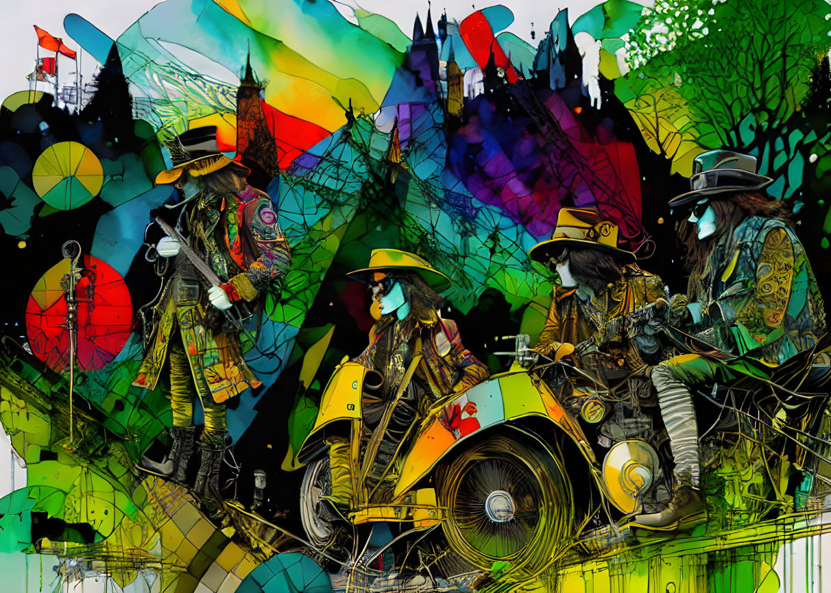 Vibrant abstract art: Four figures in hats on a fantastical motorcycle