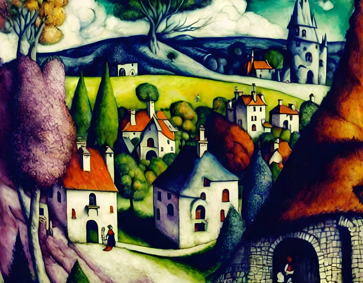 Fantastical landscape painting with whimsical houses, castle, and stylized hills