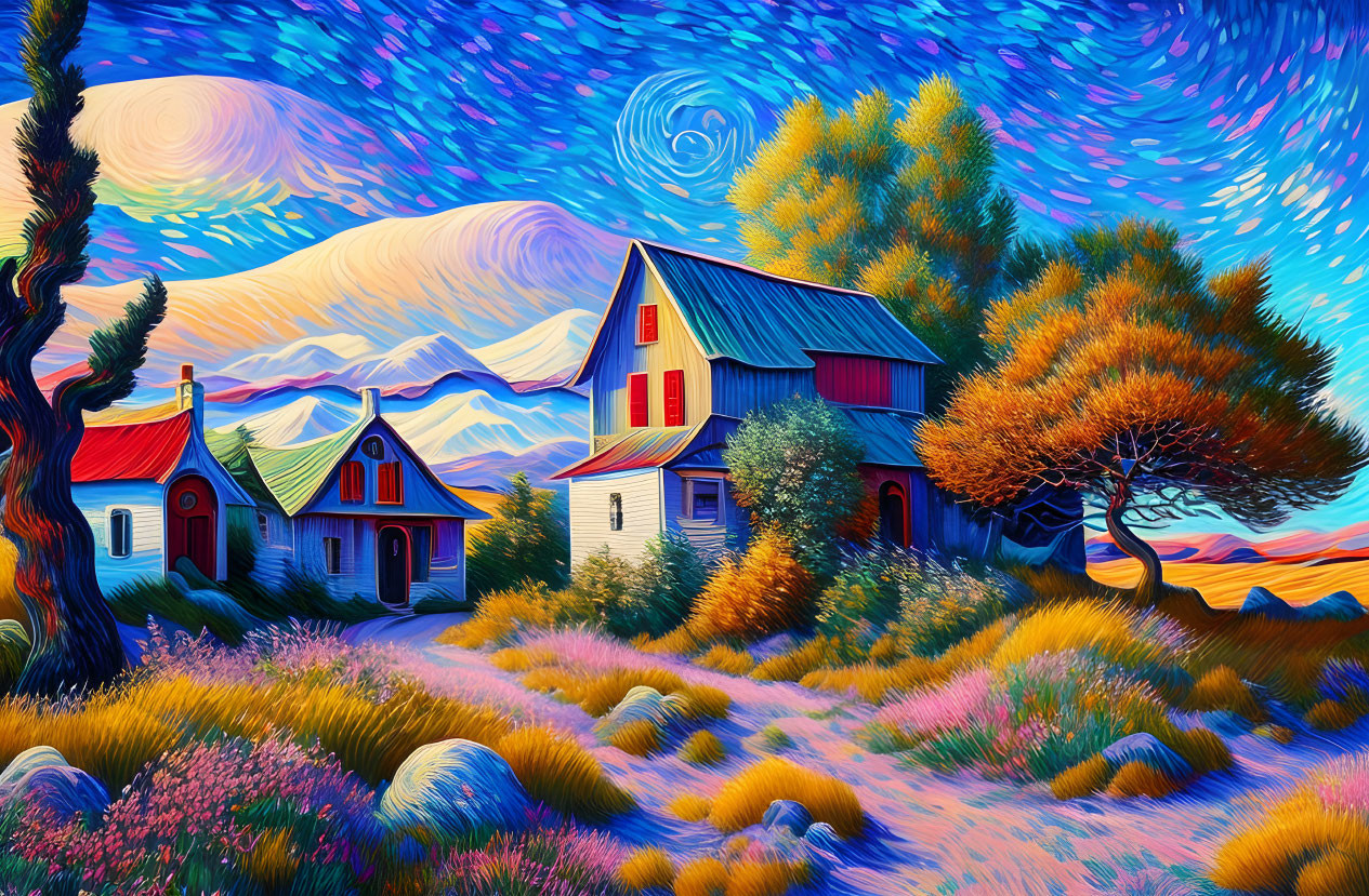 Colorful swirling sky, stylized trees, red-roofed house, rolling hills painting.