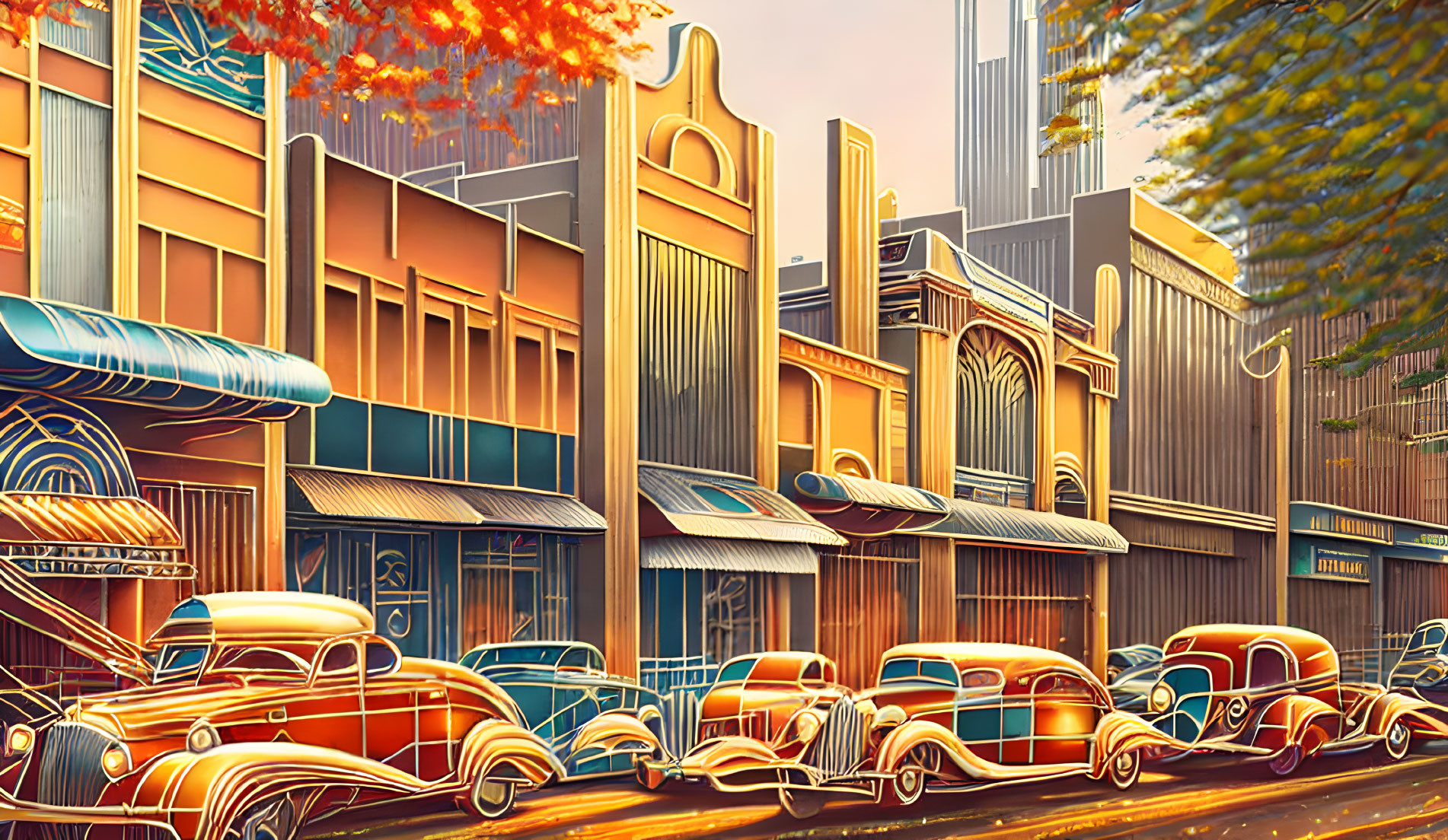 Classic Cars on Colorful 1930s Art Deco Street