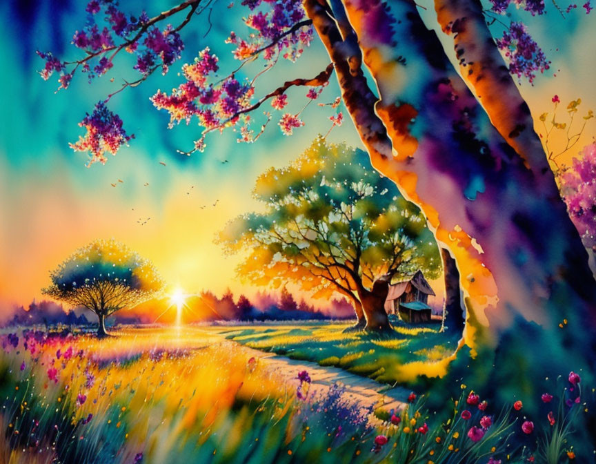 Colorful Spring Meadow Painting with Trees, Flowers, and Cottage at Sunset