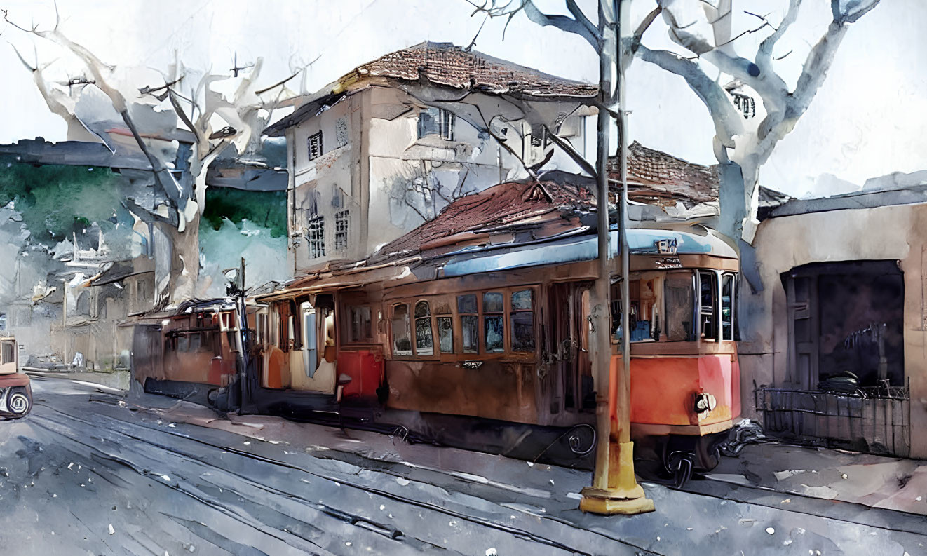 Vintage trams on cobblestone street with bare trees and old buildings in watercolor style