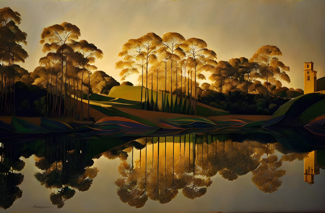 Surreal landscape featuring trees, tower, reflective water, and golden sky