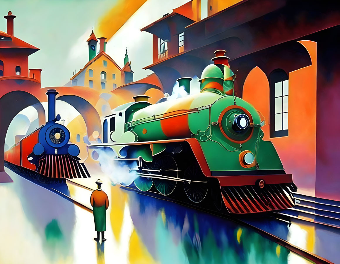 Vibrant artwork of man by railway with steam locomotives.