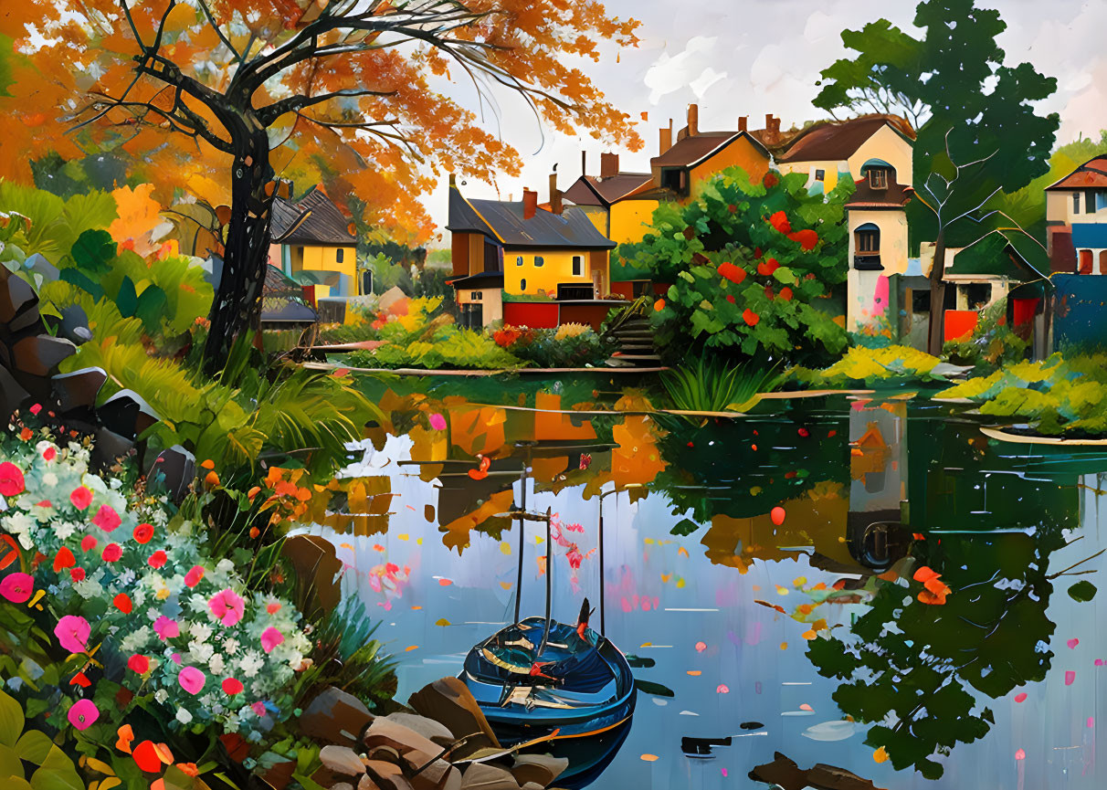 Colorful village scene with pond, trees, flowers, and boat