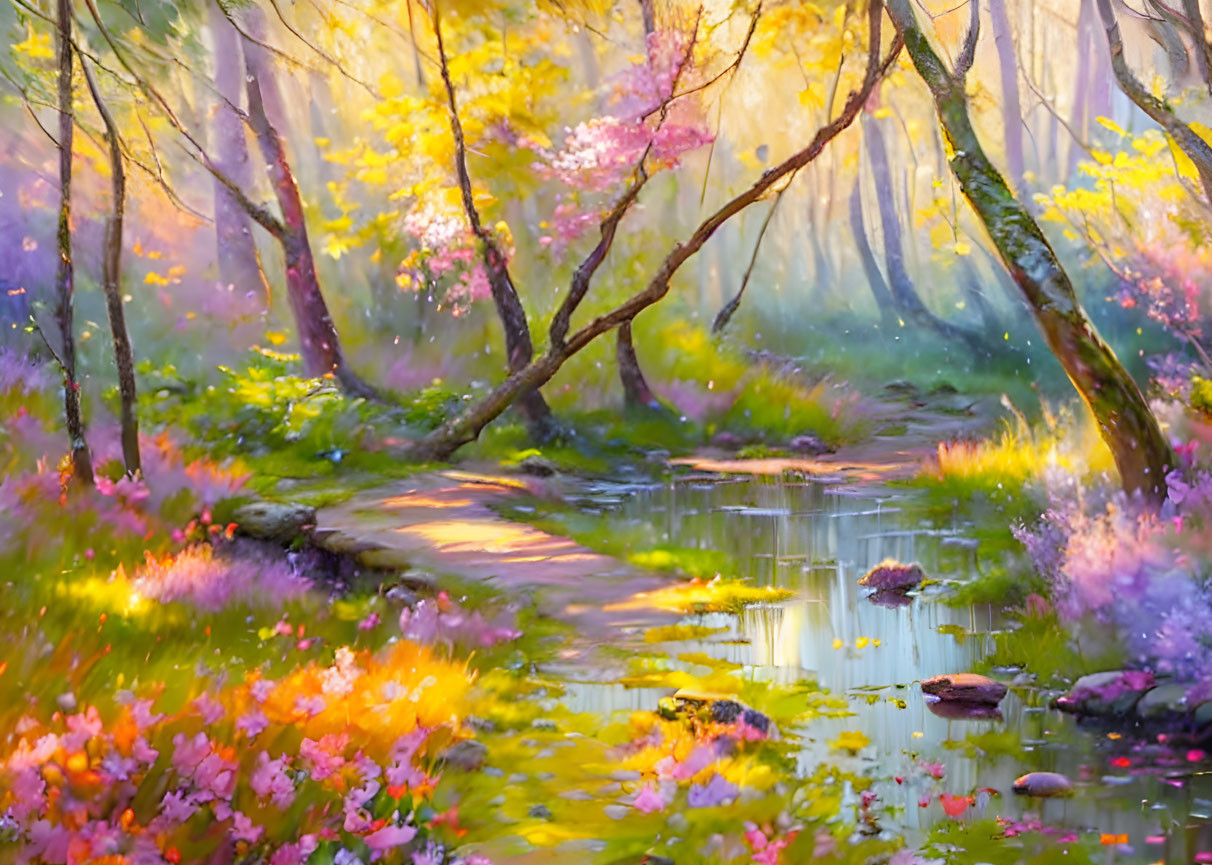 Tranquil forest scene with vibrant colors and blooming flowers