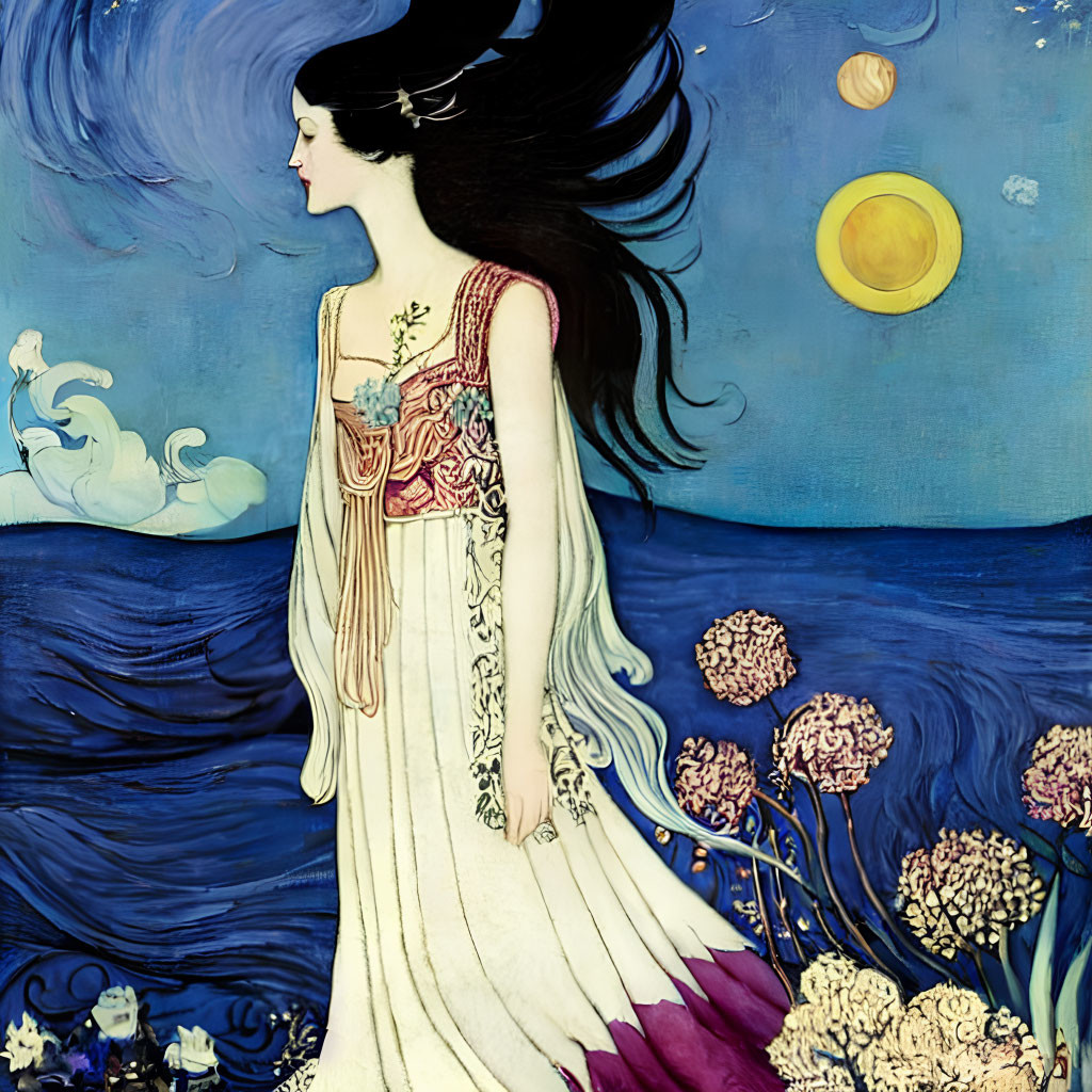 Illustration of woman in flowing dress by surreal sea with two moons