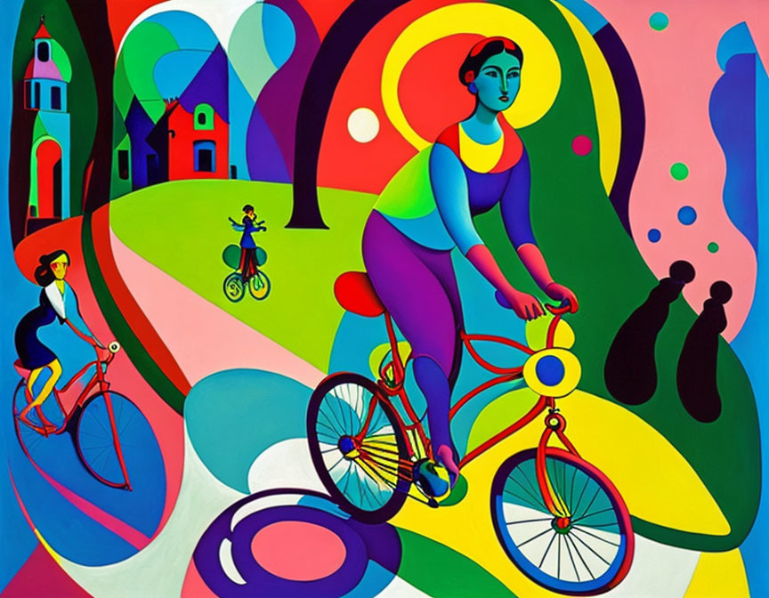 Abstract Scene of Figures Riding Bicycles in Colorful Landscape