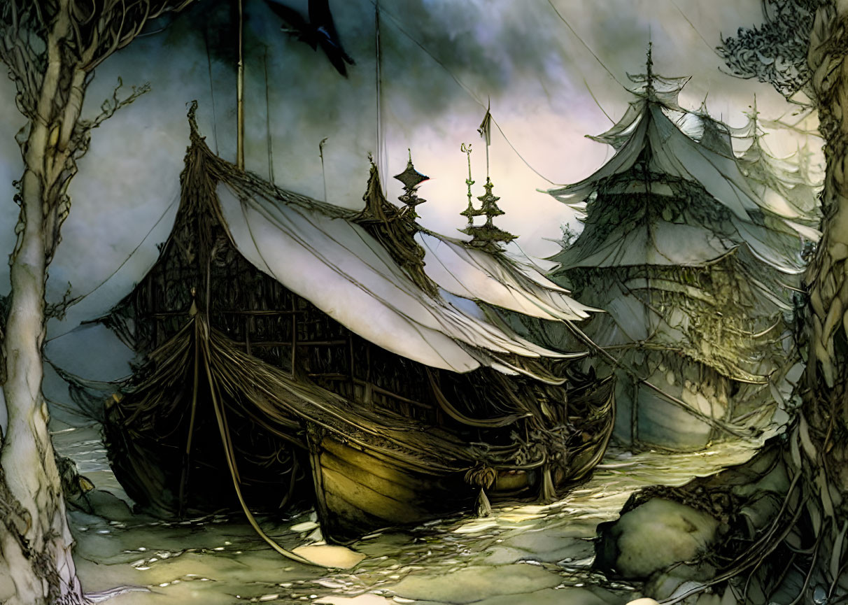 Eerie illustrated scene: Beached ship, twisted trees, ancient structures